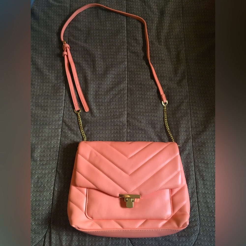 A New Day: Quilted Boxy Large Crossbody Bag. Coral Pink in Color